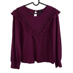 J. Crew Burgundy Ruffle Trim Honeycomb Knit Cotton Modal Blouse Size XS Corpcore